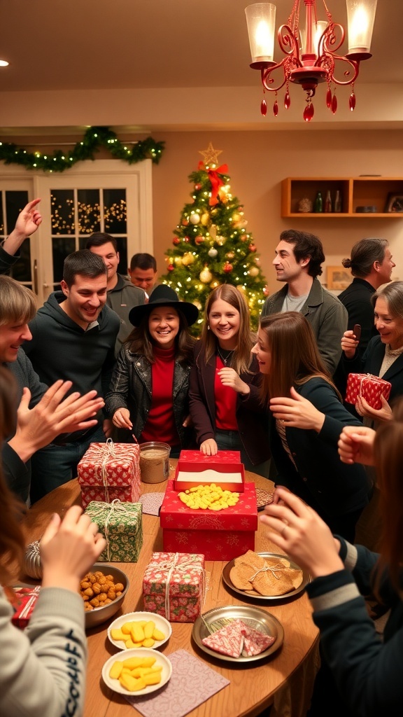 A festive Christmas party with people playing quick games, surrounded by decorations and holiday treats.